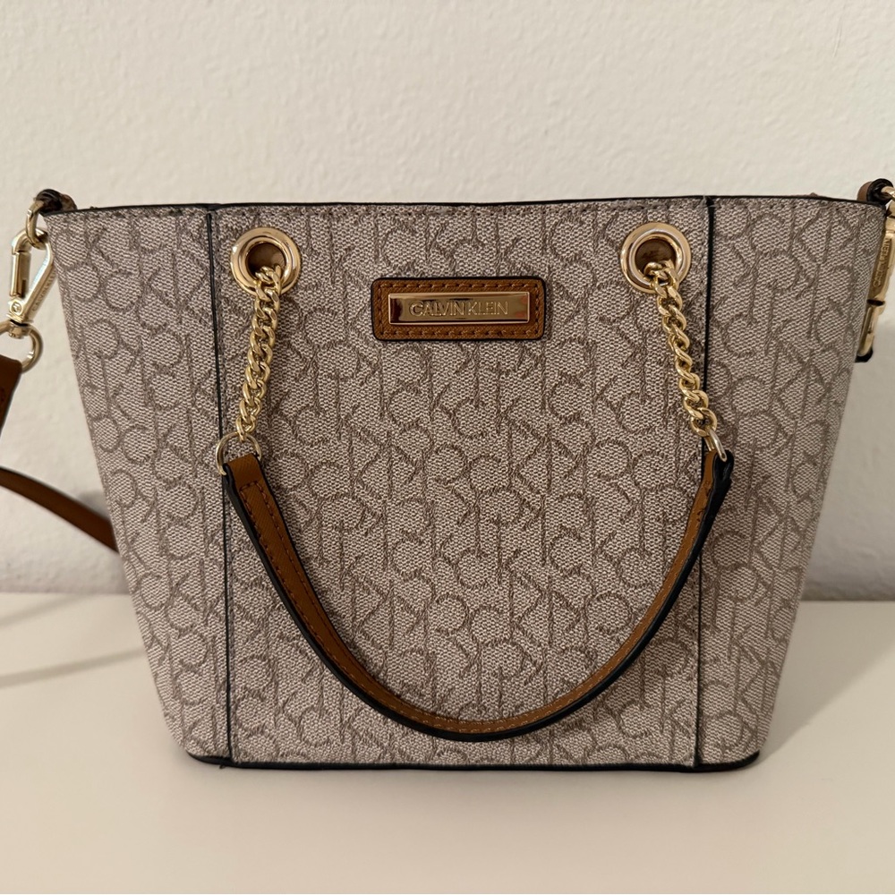 Calvin Klein Monogram Tan and Brown Shoulder Bag